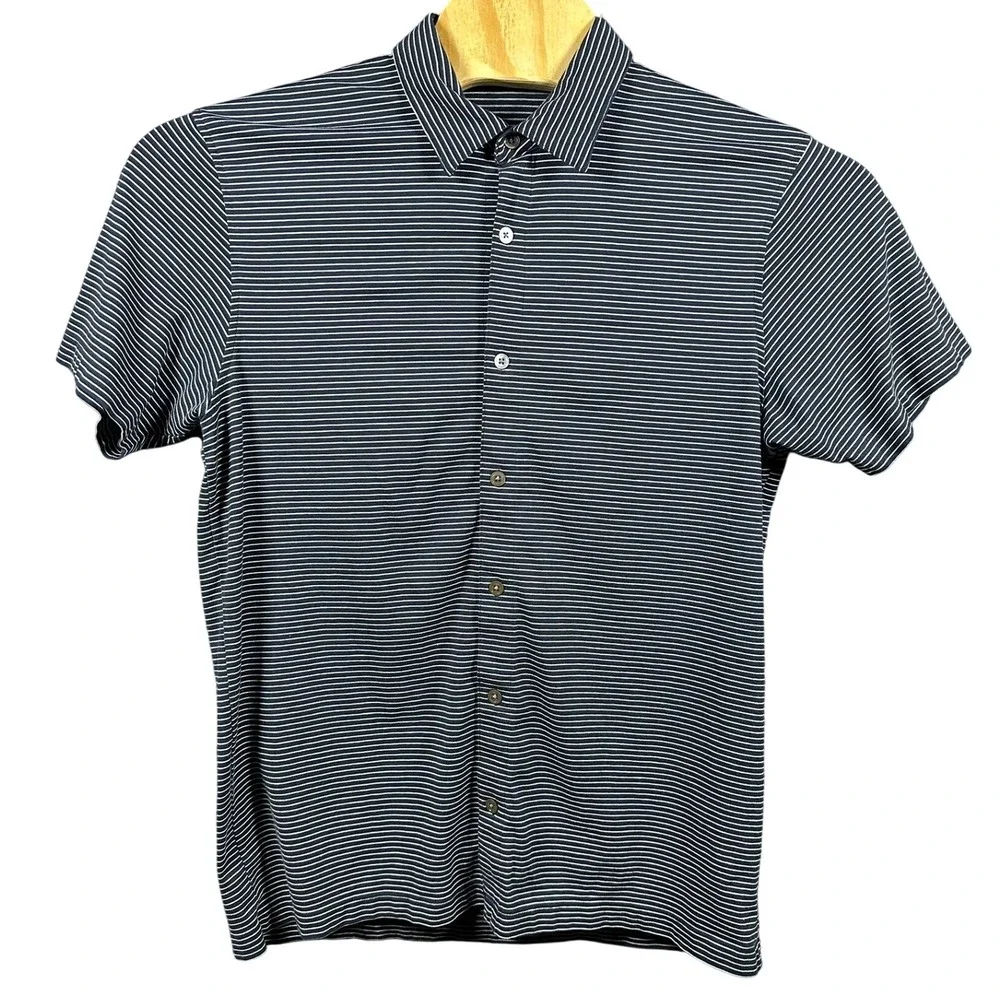Banana Republic Mens Striped‎ Short Sleeve Button Up Polo Shirt Large Navy White